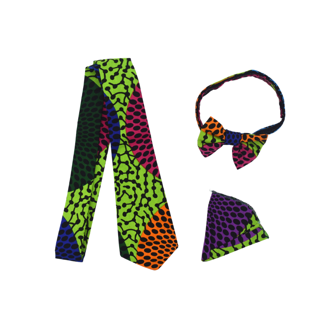 African print bow tie and neck tie with green pink and orange circle print for men - 