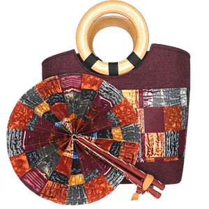 Large Burgundy Bag with Multi Colored African Print with Wooden Handle