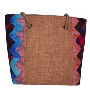 Large Tan Bag with Zig Zag African Print On the Side and A Twisted Leather handle