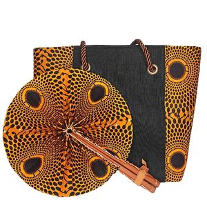 Large Black Bag with Orange and Black African Print On the Side and A Twsited Leather handle