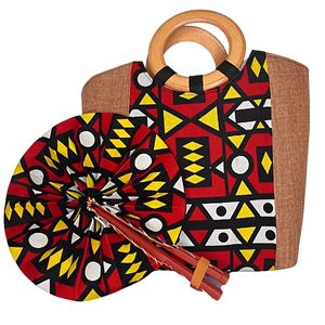 Large Tan Bag with Multi Patterned Red, Yellow, Black and White African Print