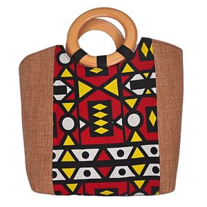 Large Tan Bag with Multi Patterned Red, Yellow, Black and White African Print