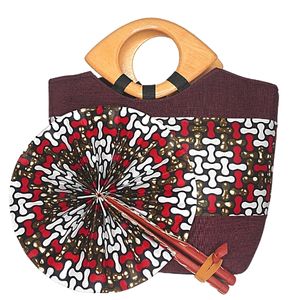 Large Burgundy Bag with Abstract African Print and a Wooden Handle