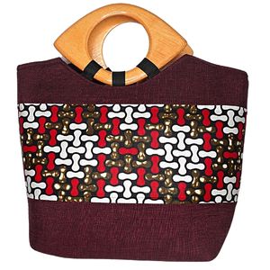 Large Burgundy Bag with Abstract African Print and a Wooden Handle