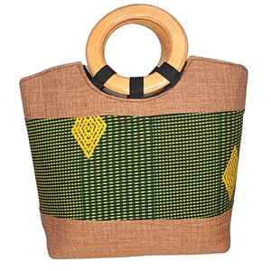 Large Tan Bag with Polka dot and Patterned Green and Yellow African Print
