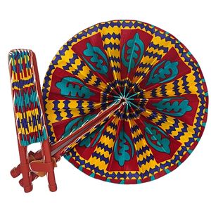 Red, Yellow Blue and Teal Abstract African Print Handmade Fan
