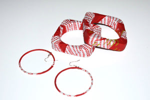 African Bracelet and Earrings Set Red/White/Gold