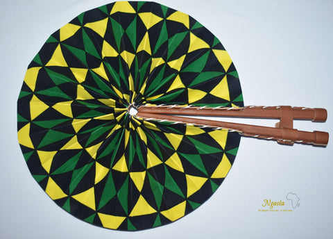 Jamaica Inspired, Green Black and Yellow Design African Tribal Print Fashion Fan FAN-17