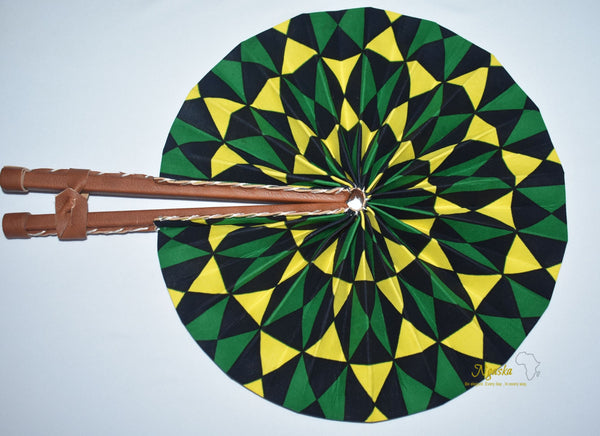 Jamaica Inspired, Green Black and Yellow Design African Tribal Print Fashion Fan FAN-17