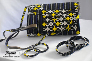 Black, Blue and Yellow Geometrical Shapes Ankara Clutch, Earrings Set- S-CEB 12