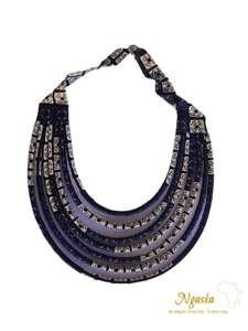 Makeba Blue and Wite Flowers Multistrand African Wax Necklace - MB11