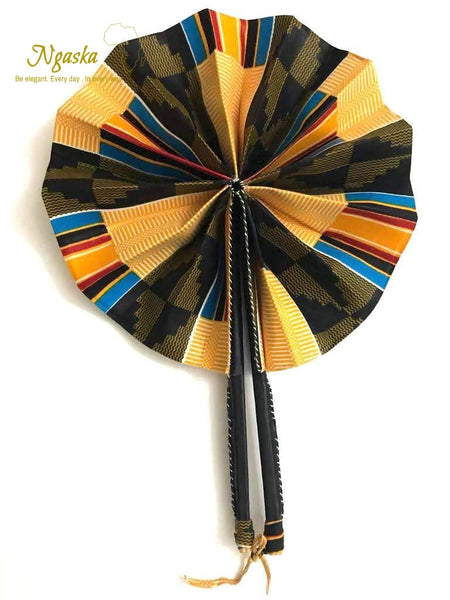 african-ankara-handheld-leather-foldable-fan-orange-stripes