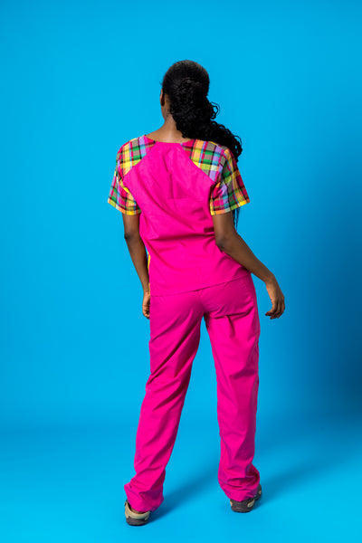 Doctor or Nurse Shield Pink Madras Scrubs Set