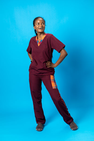 Doctor or Nurse Shield Burgundy Madras Scrubs Set