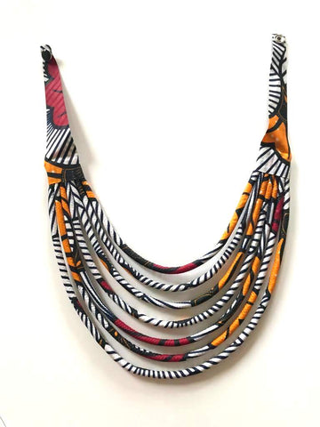 Makeba White, Red and Orange Tribal Multistrand African Ankara Necklace - MB12