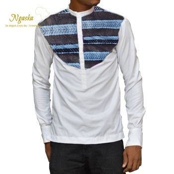 African Ankara Long Sleeves Shirt for Men - White and Guinean Blue (LSM4)