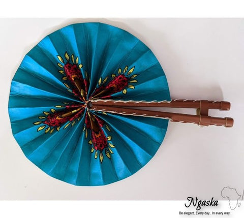 Ngaska Blue Brown Flower African Print Handheld Fan