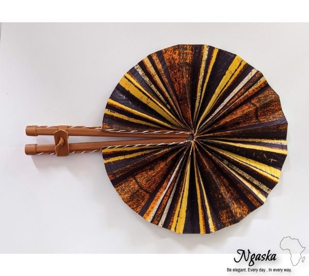 Ngaska Brown Yellow Striped African Print Fabric Handheld Fan