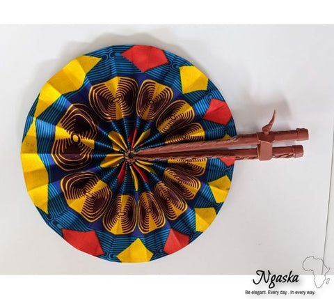 Red Blue Yellow Polka Dot Ankara Fabric Hand Fan