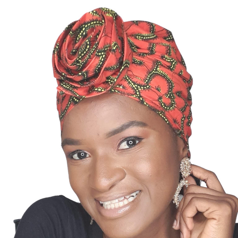 african print satin turban with flowers, orange african print