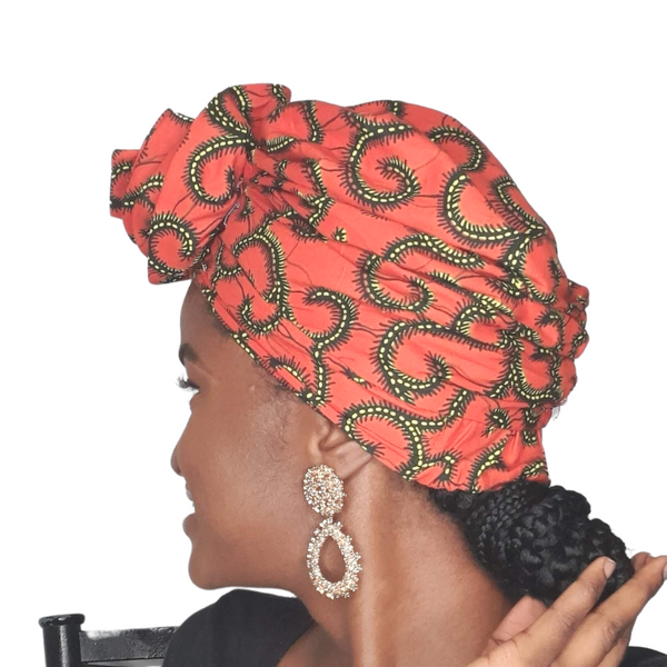 african print satin turban with flowers, orange african print
