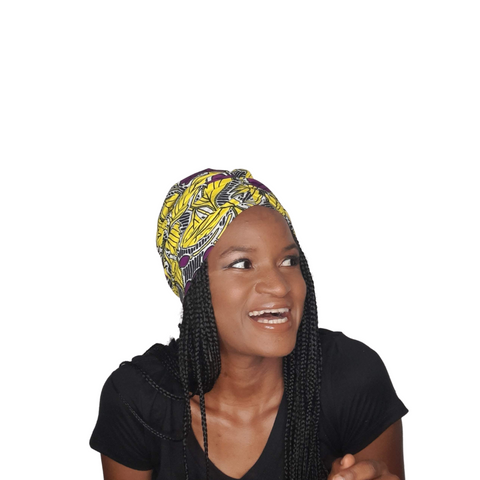 African Print Purple and Yellow Reversible Satin Turban