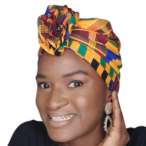 Satin Hair Bonnet with African Kente Print