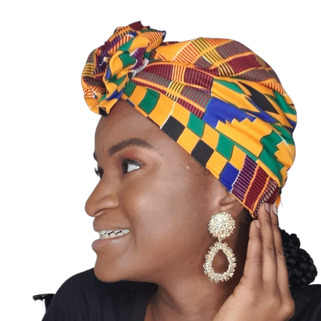 Satin Lined Bonnet Head Wrap - Black Kente – Asali