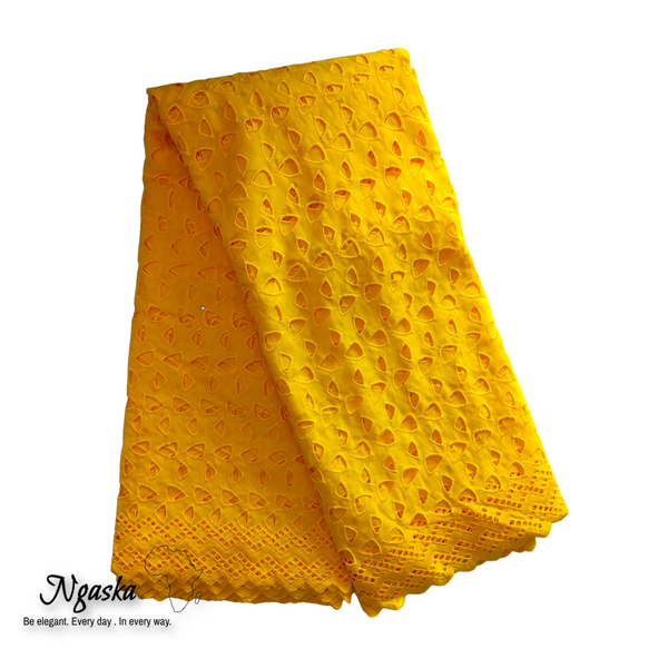 Lemon yellow African lace fabric, leaf design, Ankara lace styles for dresses - YL 2