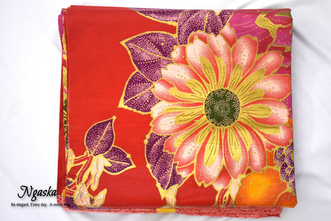 African Wax, Red Ankara, Large Salmon Purple colored Flower - CA 16